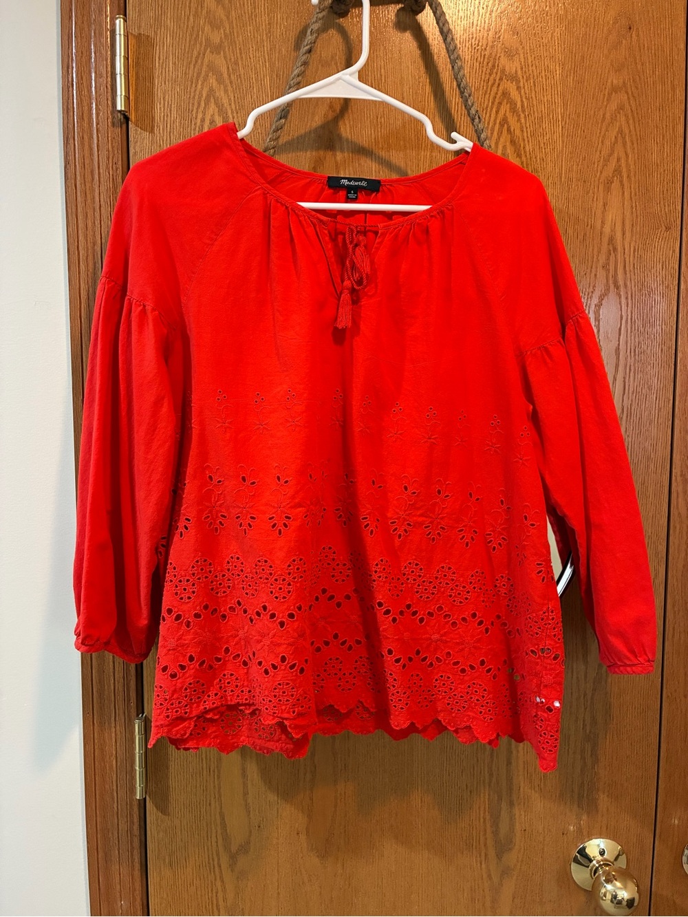Madewell Red Eyelet Tie-Neck Peasant Top